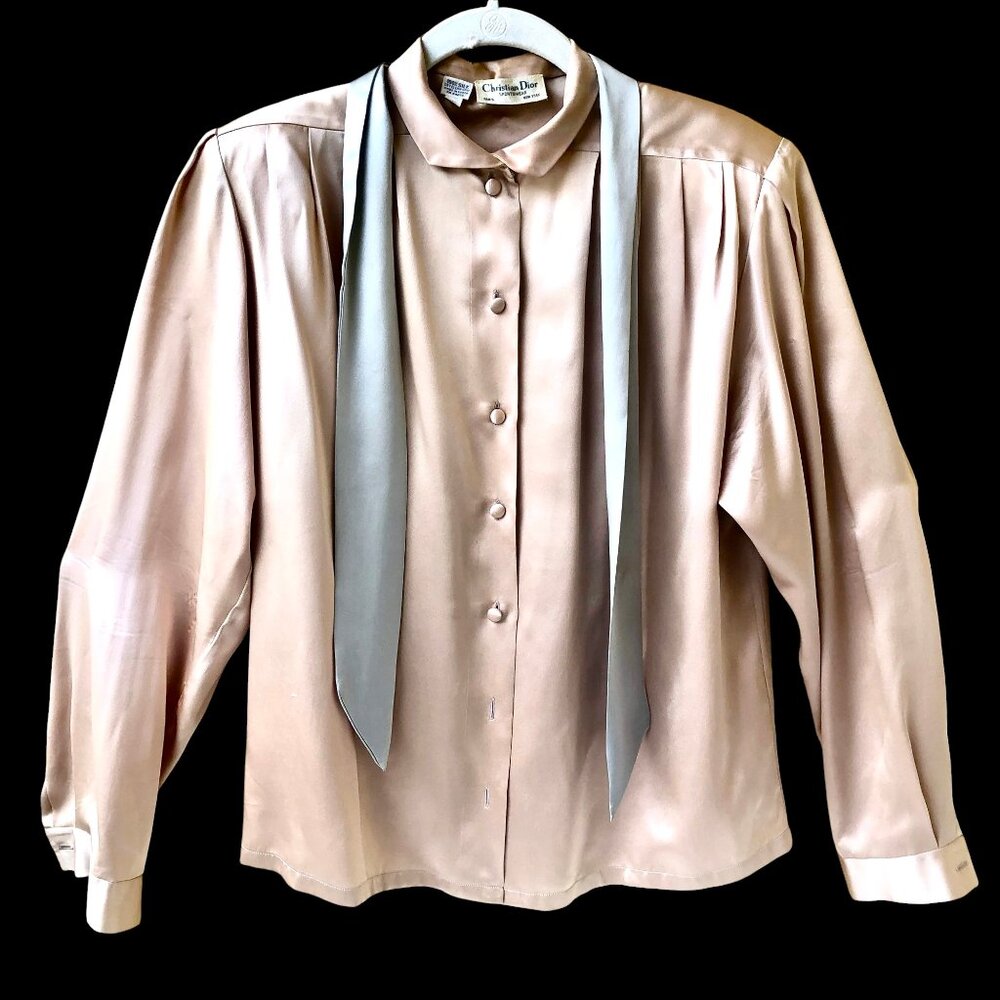 Christian Dior SILK Long Sleeve Blouse Beige Shirt with Gray Tie Womens 12